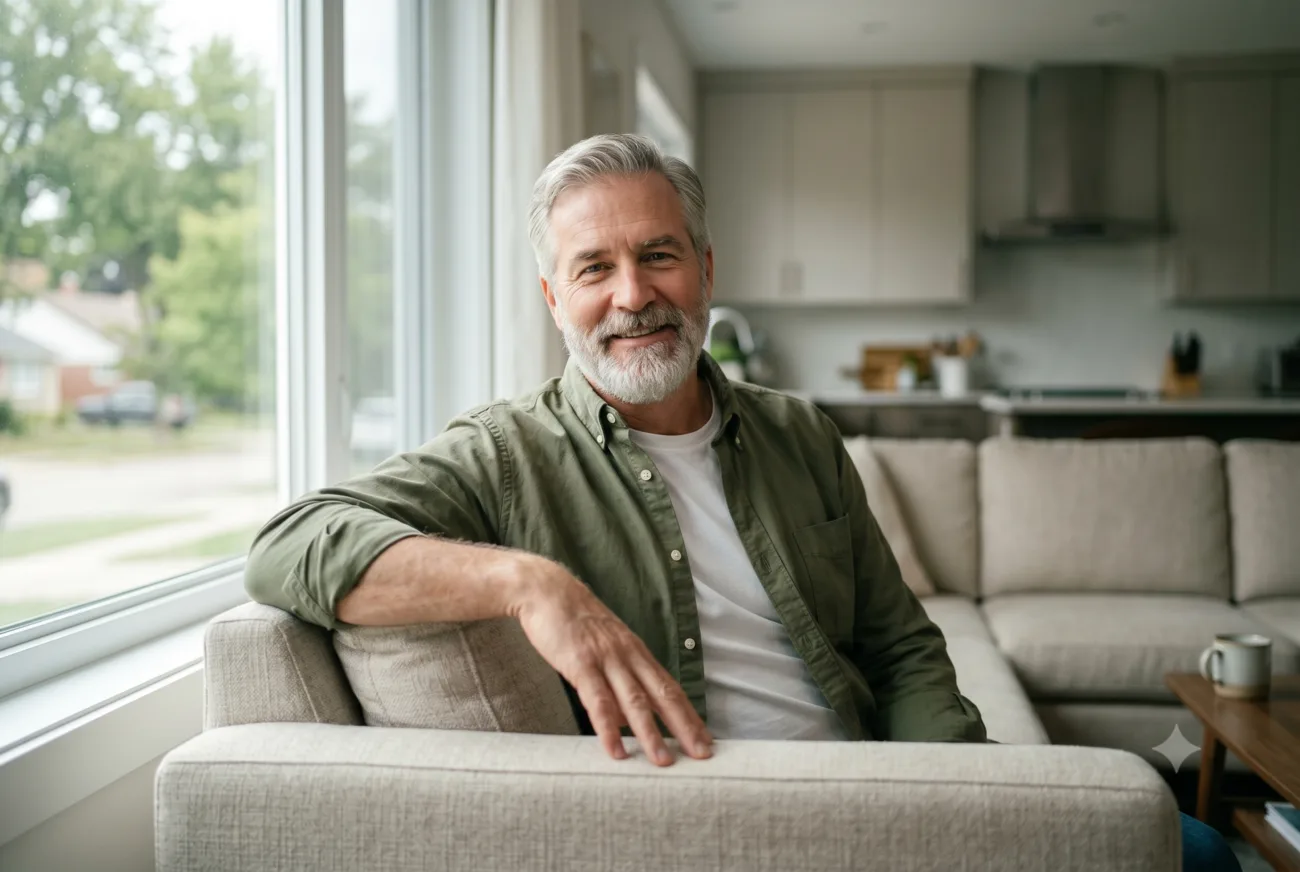 Paciente sênior tranquilo e sorridente em casa